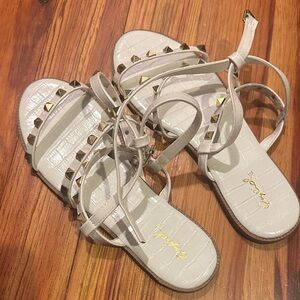 Qupid Cream Sandals with Gold Studs